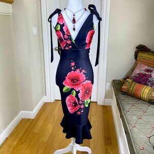 True Violet Dress Plunge V-Neck Black Red Flowers (8)